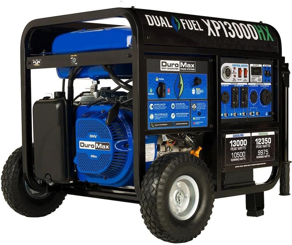 DuroMax XP13000HX 13,000-Watt Dual Fuel Portable Generator - Gas  Propane, Electric Start, Whole Home Power Backup, Transfer Switch Ready, RV  Emergency Ready